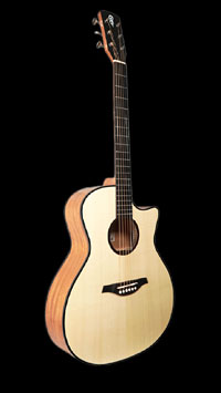 You&grave;s, matt lackierte Akustikgitarre in Auditorium-Form mit massiver Fichtendecke und Mahagoni an Boden und Zarge, Cutaway